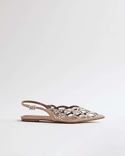 Beige Embellished Flat Shoes