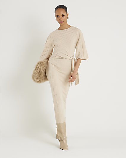 Beige Short Sleeve Cosy Ribbed Midi Dress
