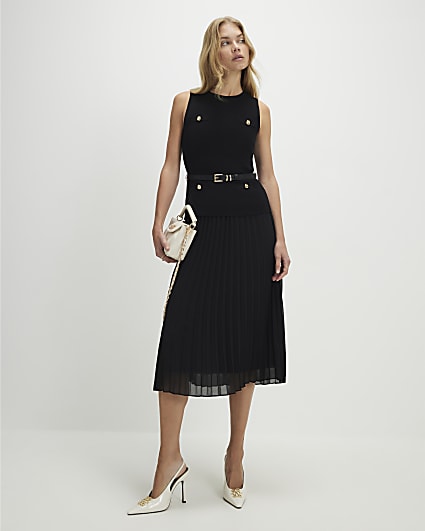 Black Belted Pleat Hem Midi Dress