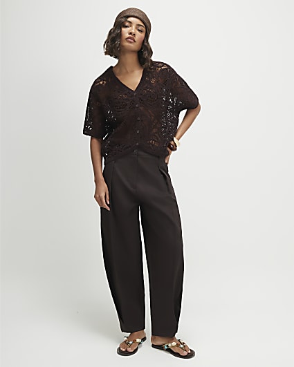 Brown Crochet Short Sleeve Cardigan