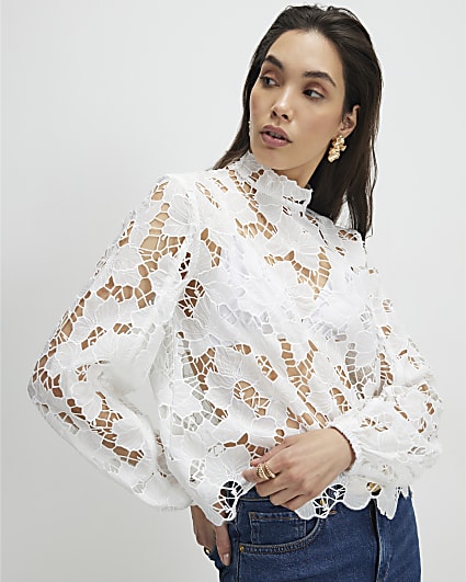 White High Neck Cutwork Lace Blouse