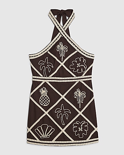 Petite Brown Motif Halter Mini Dress