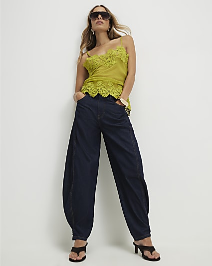 Blue Tab Hem Detail Barrel Leg Jeans