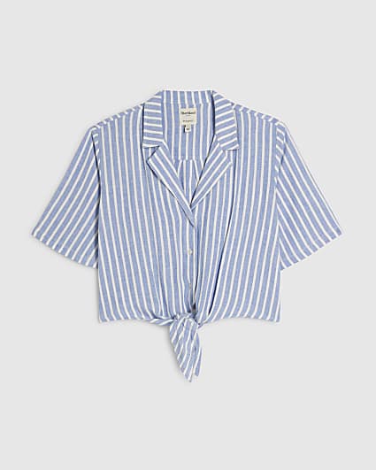 Petite Blue Linen Blend Tie Shirt