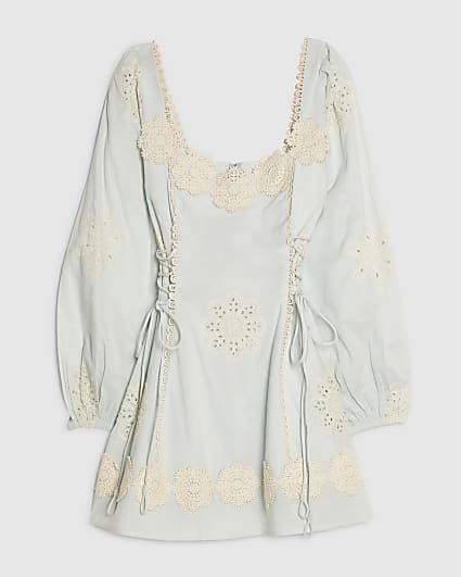 Petite Blue Broderie Daisy Mini Dress