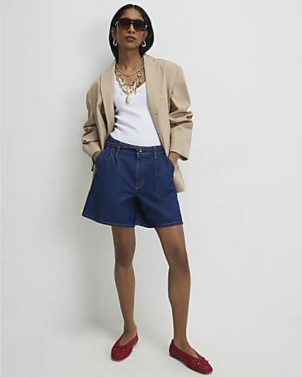 Blue Belted Tailored Denim Shorts