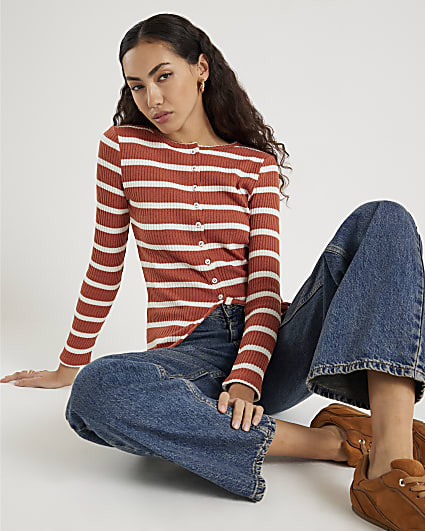Brown Longline Striped Button Top
