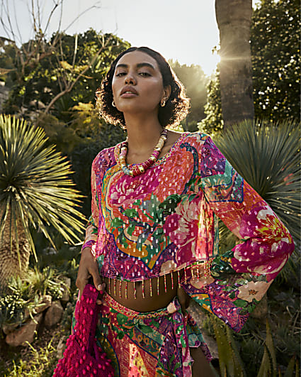 Pink Beaded Fringe Beach Crop Top