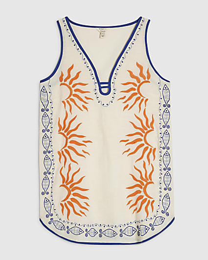 Petite Cream Sun Embroidered Mini Dress