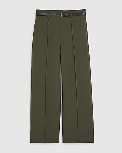 Petite Khaki Belted Straight Leg Trousers
