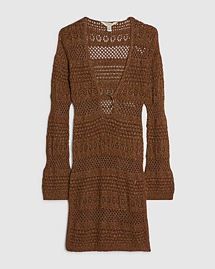 Petite Brown Metallic Knit Mini Beach Dress