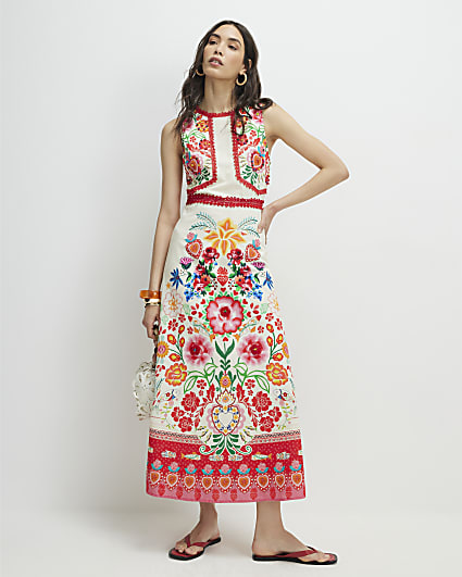 Cream Floral Print Cut Out Maxi Dress