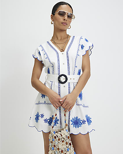 Petite White Cotton Embriodered Mini Dress