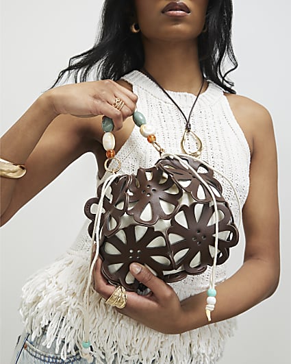 Brown Laser Cut Flower Cross Body Bag