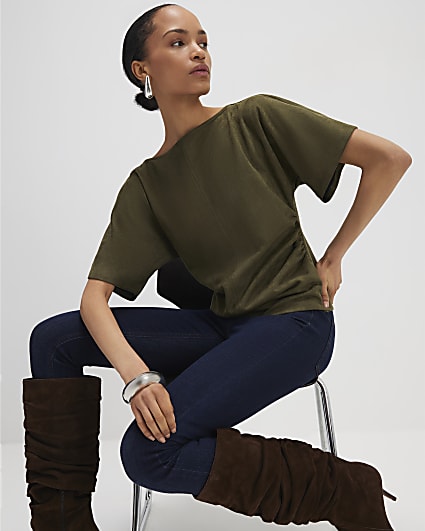Khaki Faux Suede Short Sleeve Ruched Side Top