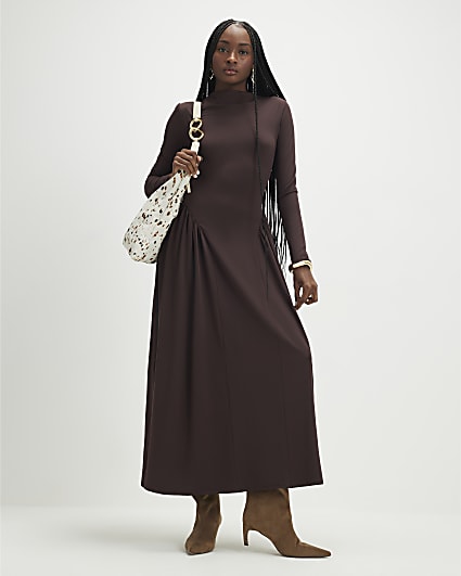 Brown Long Sleeve Waisted Maxi Dress