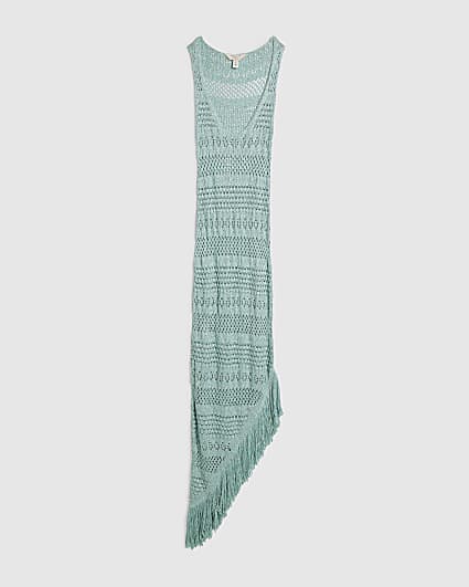 Green Metallic Knit Asymmetric Midi Dress
