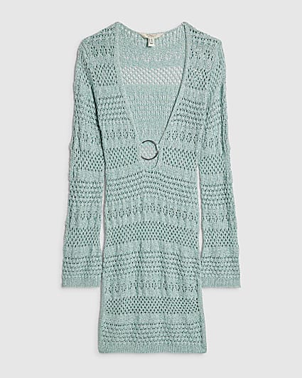 Green Metallic Knit Mini Beach Dress