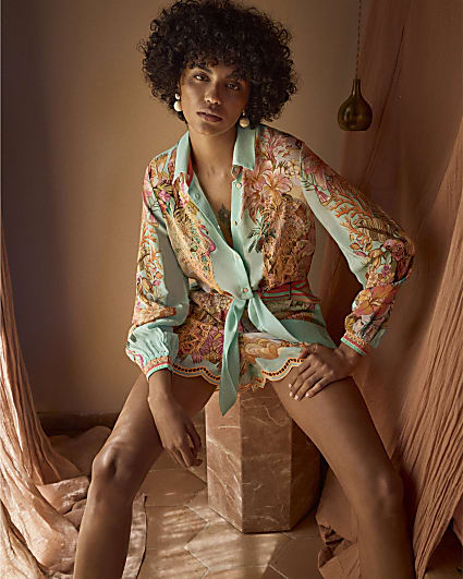 Green Tie Front Embroidered Cutwork Shirt