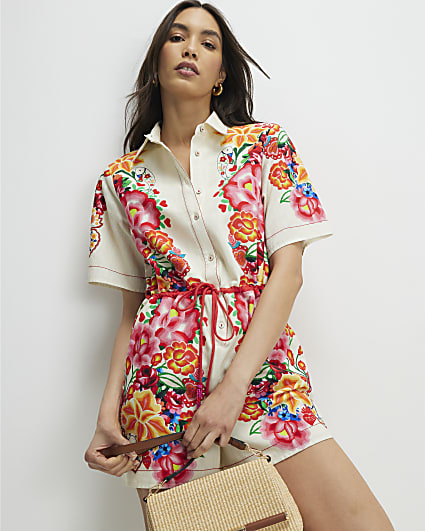 Cream Floral Collared Playsuit
