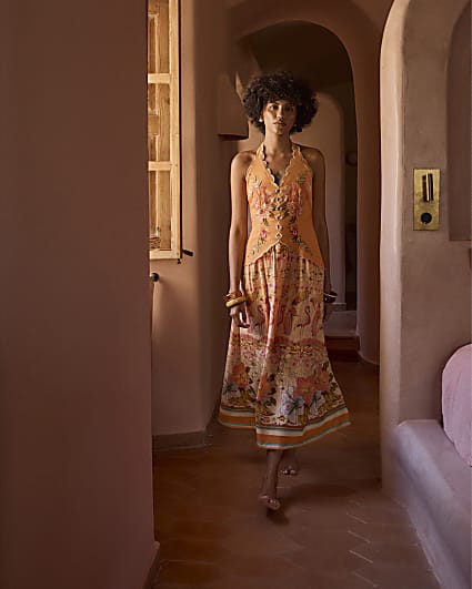 Orange Peplum Print Maxi Dress