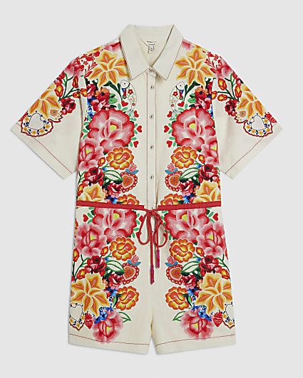 Petite Cream Floral Collared Playsuit
