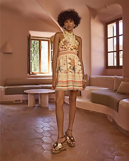 Pink Floral Halter Neck Crochet Mini Dress