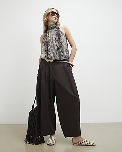 Brown Poplin Barrel Leg Trousers