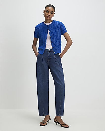 Blue Clean Waistband Barrel Leg Jeans
