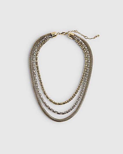 Gold Mixed Metal Multi Row Chain Necklace