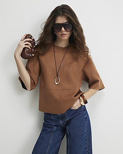 Brown Faux Suede Seam Detail T-Shirt