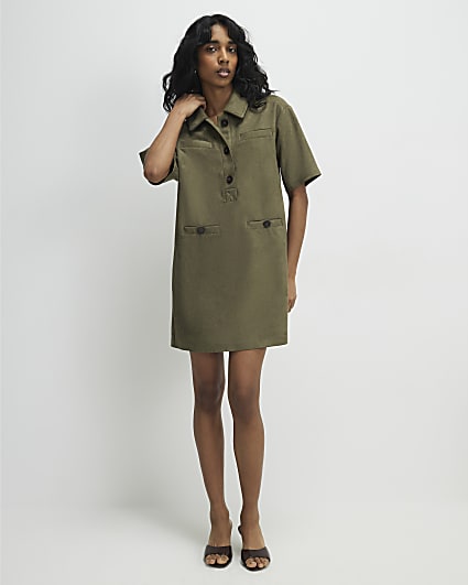 Khaki Faux Suede Short Sleeve Shirt Dress