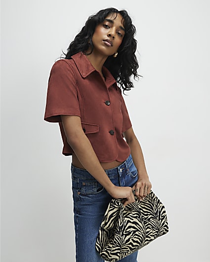 Brown Faux Suede Pocket Detail Shirt