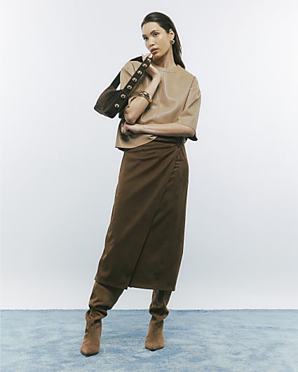 Brown Faux Suede Wrap Midi Skirt