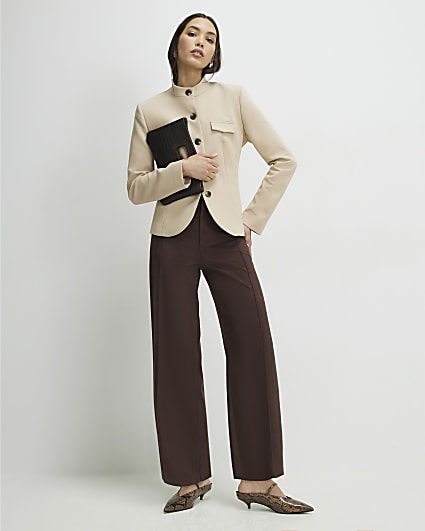 Brown Faux Suede Cropped Seam Front Trousers