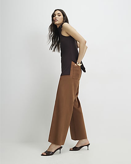 Brown Faux Suede Cropped Seam Front Trousers