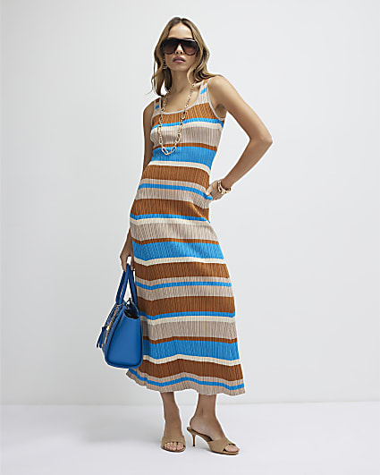 Brown Knitted Striped Maxi Dress