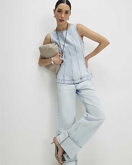 Blue Denim Seamed Peplum Top