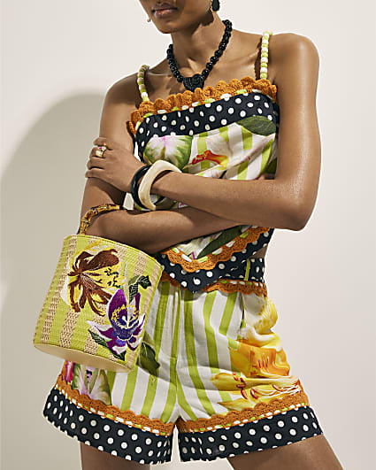 Beige Striped Embroidered Bucket Bag