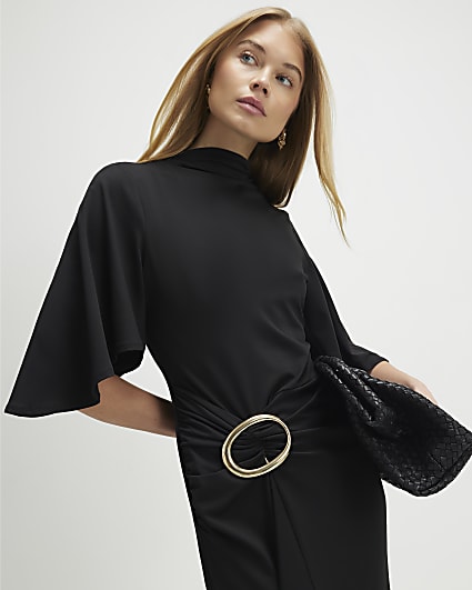 Black Gold Buckle Midi Dress