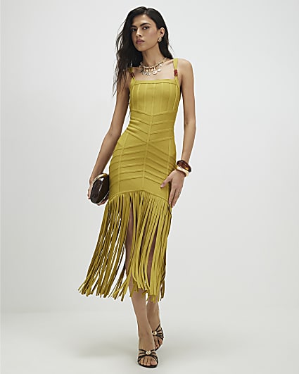 Green Bandage Knit Fringe Dress