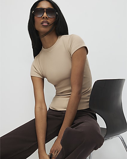 Beige Fitted Rib T-Shirt