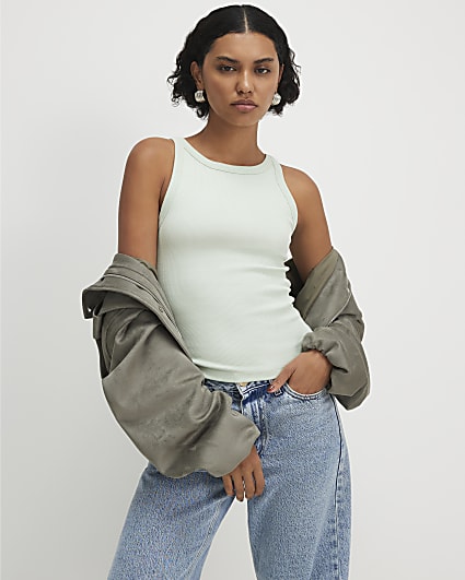 Green Ribbed Sleeveless Cami Top