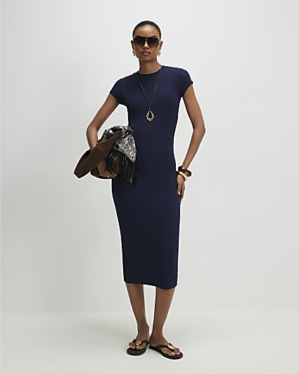 Navy Cap Sleeve Ribbed Midi Dress