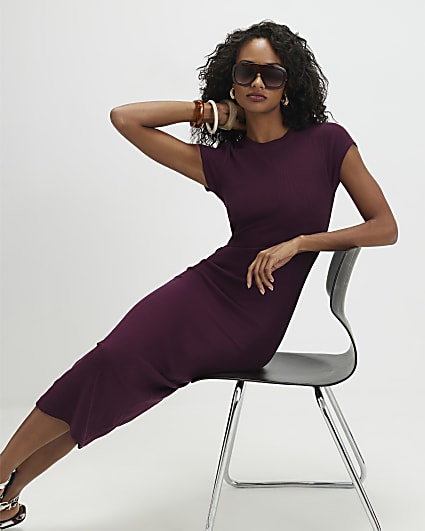 Purple Cap Sleeve Ribbed Midi Dress
