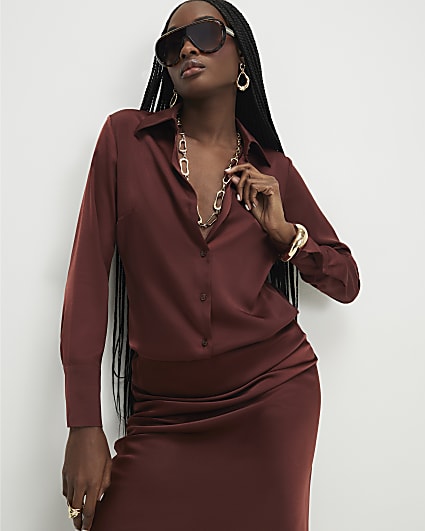 Brown Satin Long Sleeve Slim Fit Shirt