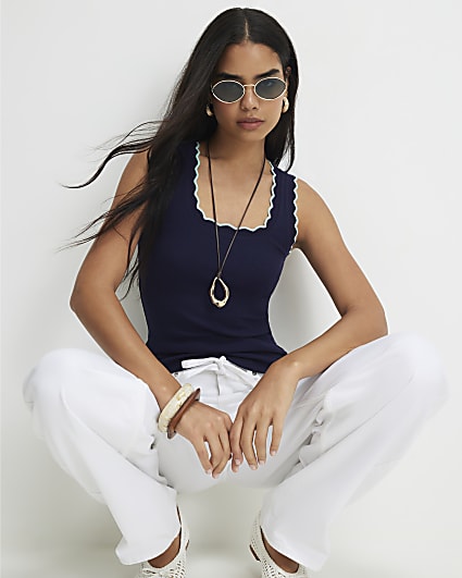 Navy Cotton Blend Scallop Tank Top