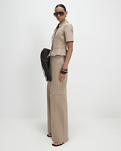Beige Cotton Blend Cargo Straight Trousers