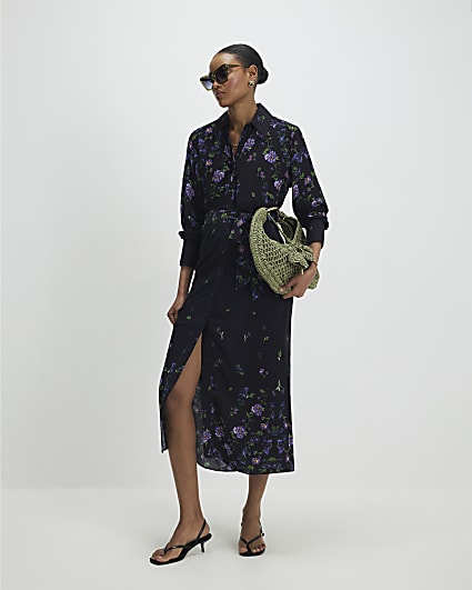 Black Floral Midi Shirt Dress