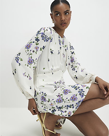 White Long Sleeve Floral Mini Dress